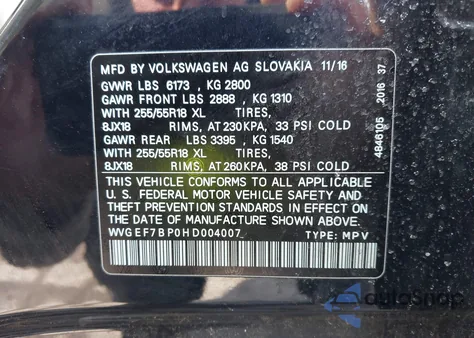 2017 Volkswagen Touareg V6 Sport from USA, damaged, VIN WVGEF7BP0HD004007